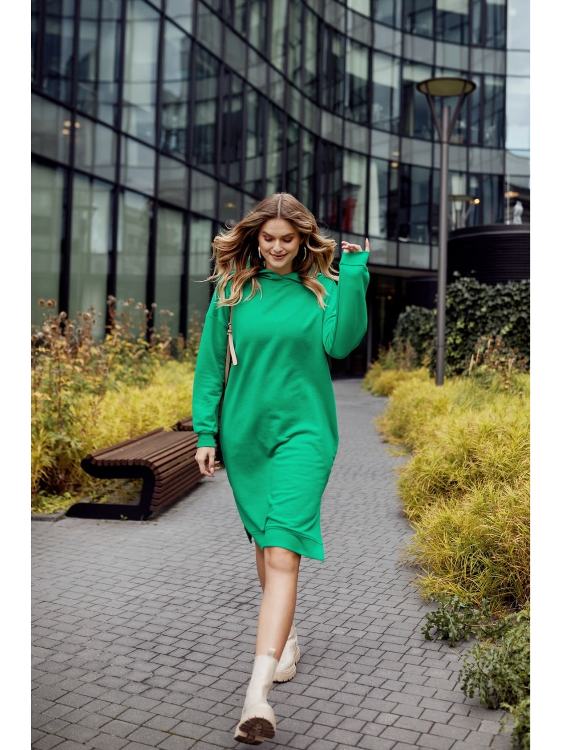 Sports midi dress with a hood, green FI725 - Online store - Boutique